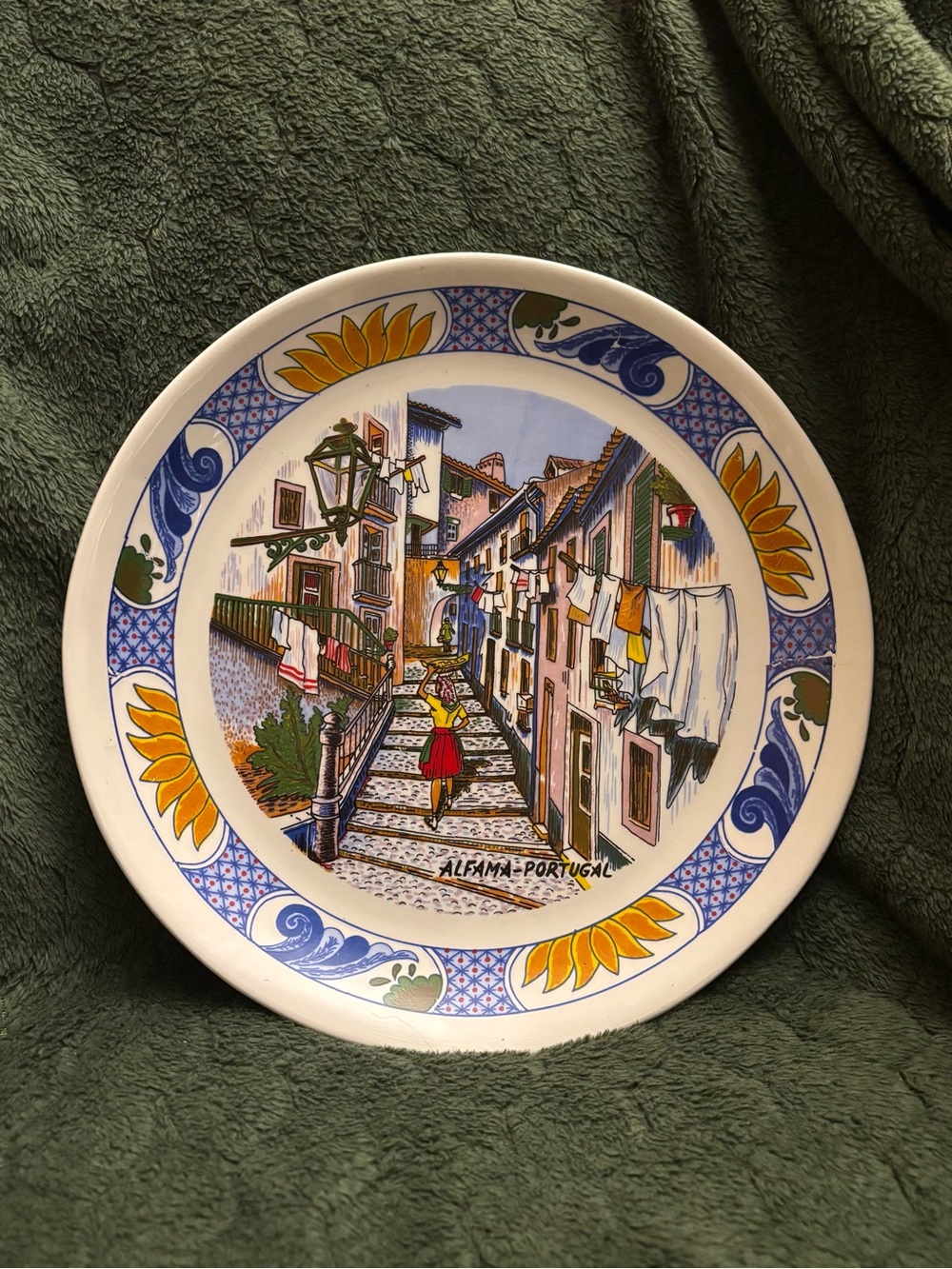 Alfama Portugal Decorative Ceramic Plate with Yellow & Blue Accents